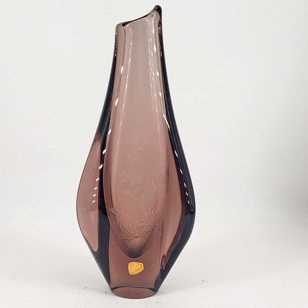 Vintage MCM Mid Century Czech Bohemian JBS butterfly flower engraved vase